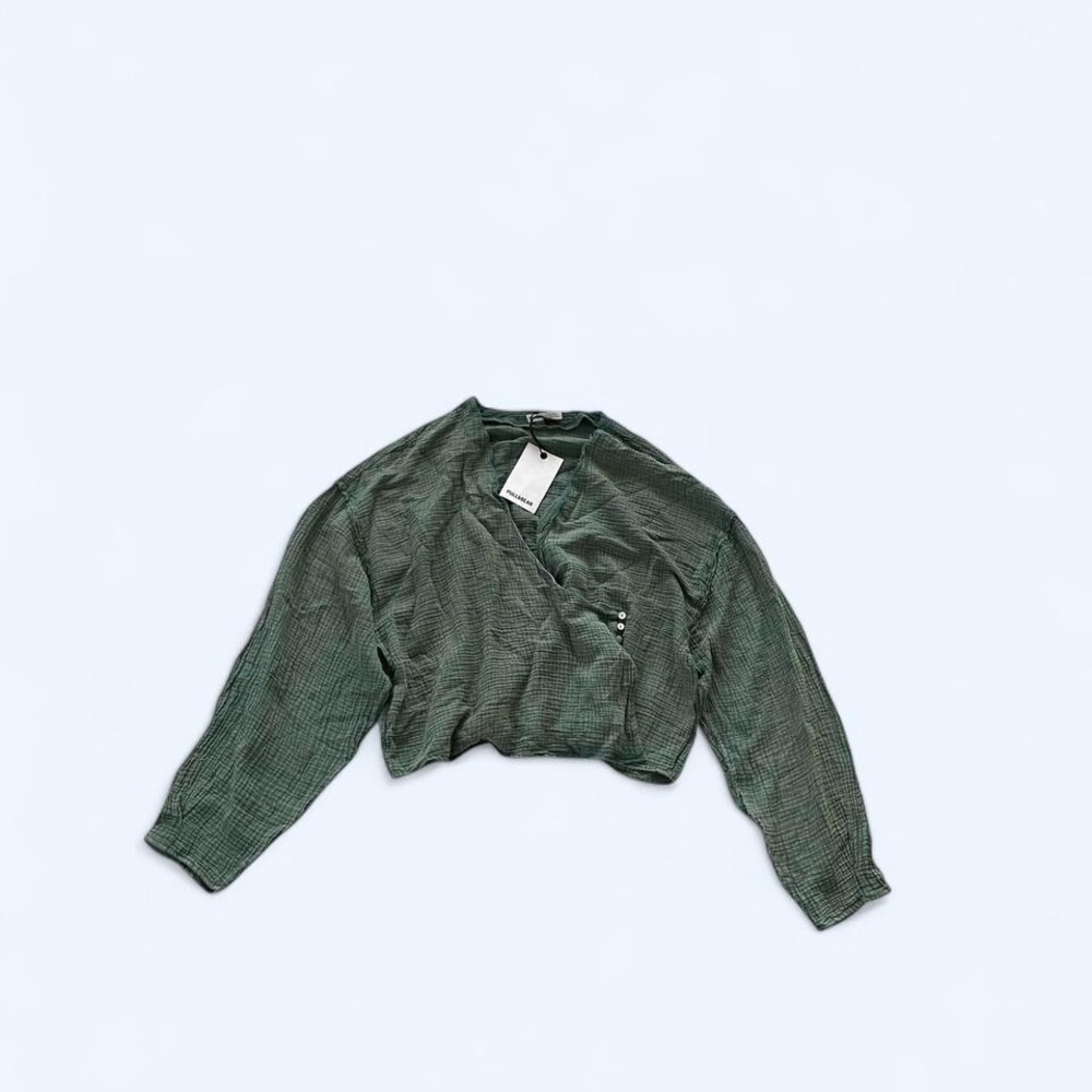 Cotton green wrap blouse size L by Pull & Bear